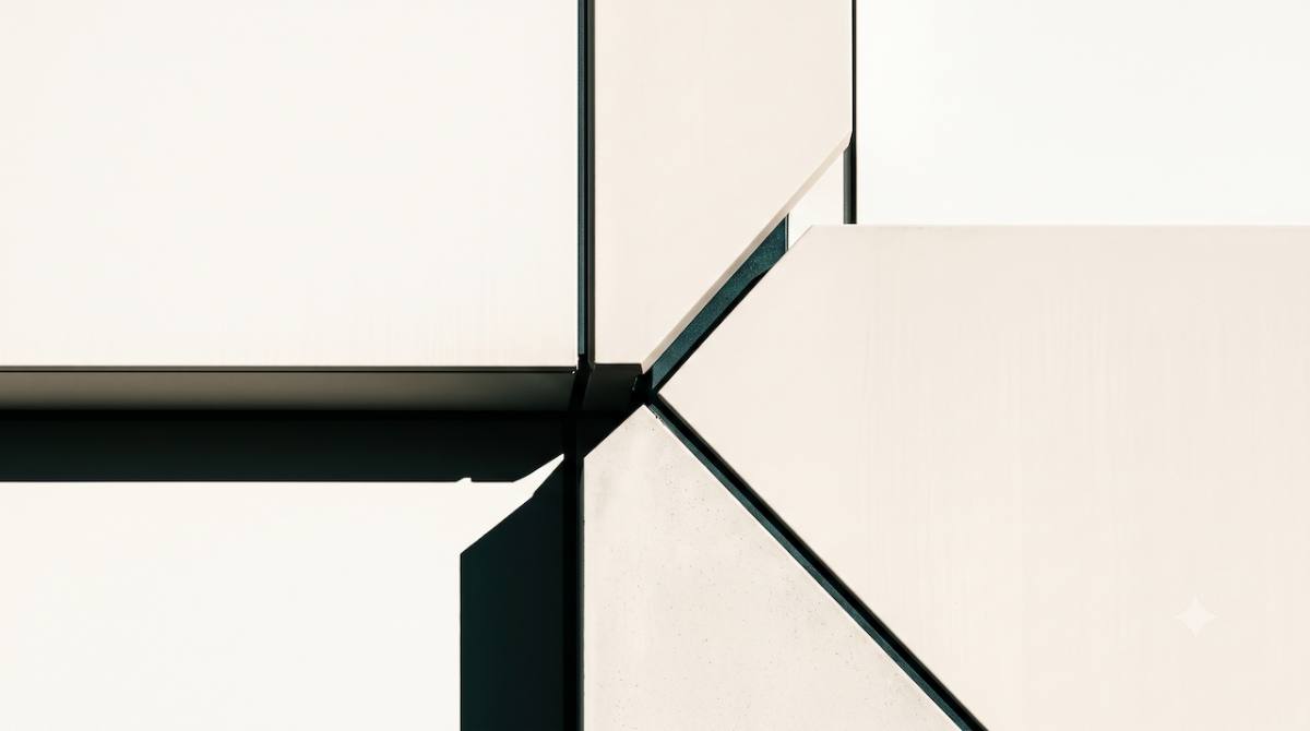 Warm off-white metal planes with hairline shadow gaps and a 45-degree cut