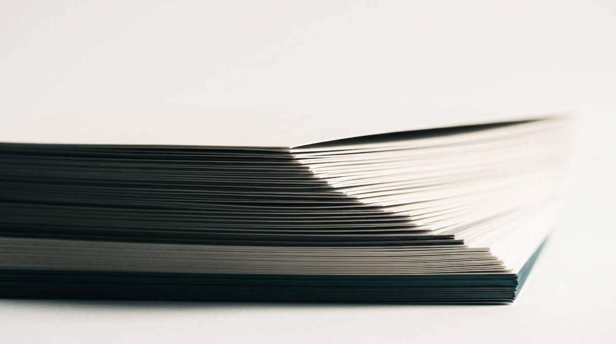 Papierstapel, dessen Kanten feine, ansteigende Schichten bilden