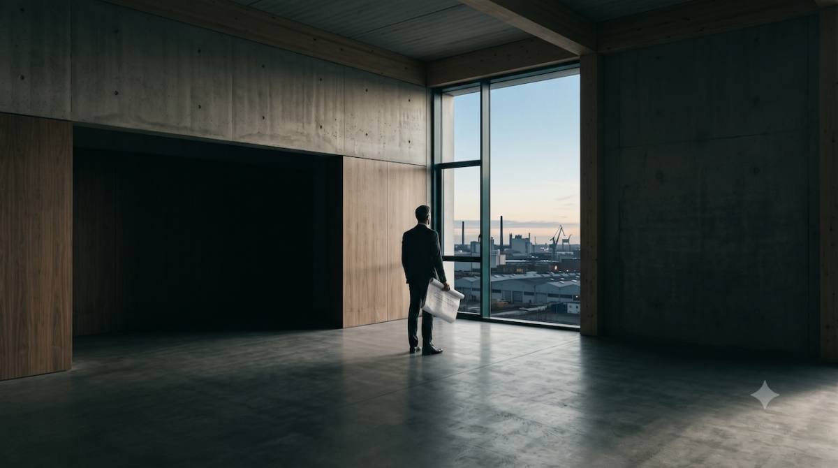 An executive at a tall window of a large calm room, plans in hand