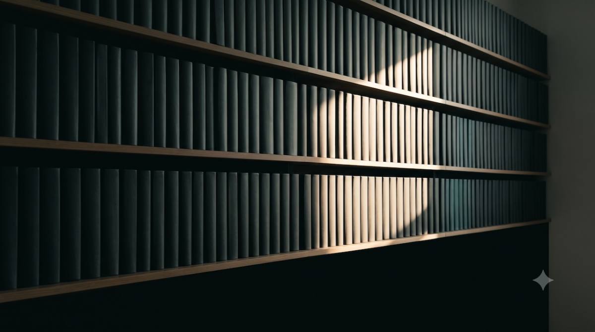Regalwand mit einheitlich gebundenen dunklen Ordnern im Streiflicht