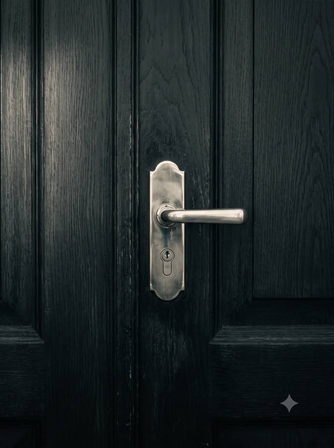 A dark wooden door with a polished metal handle
